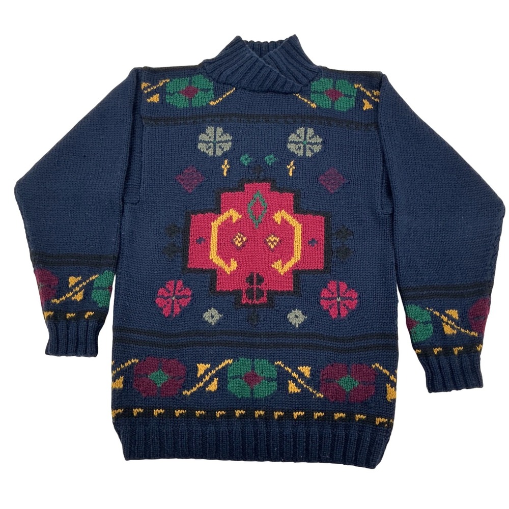 Vintage 90s Womens S Navy Hand Knit Wool Southwestern Sweater Shawl Collar Folk